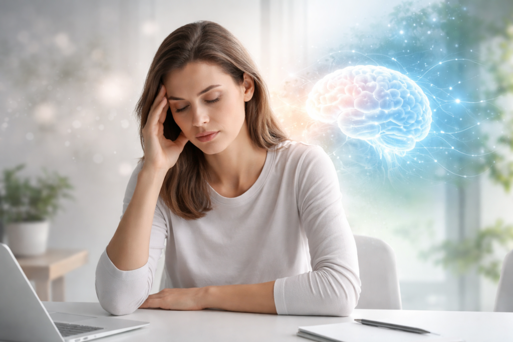 Illustration of brain fog and mental clarity with a person experiencing cognitive fatigue in a modern wellness setting