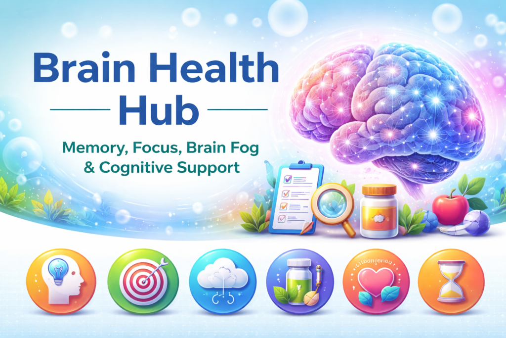 Brain health hub illustration showing memory, focus, and cognitive support