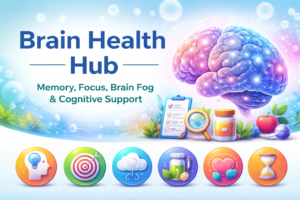 Brain health hub illustration showing memory, focus, and cognitive support