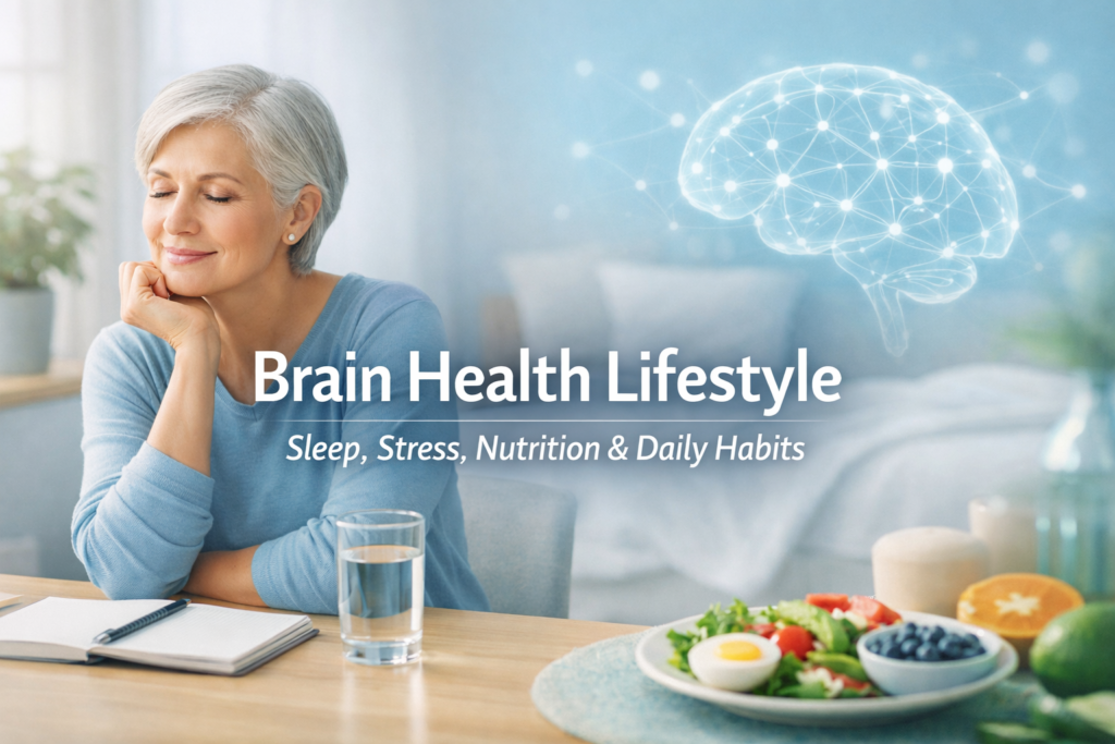 Brain health lifestyle featured image showing sleep, stress management, nutrition, and healthy daily habits for cognitive function