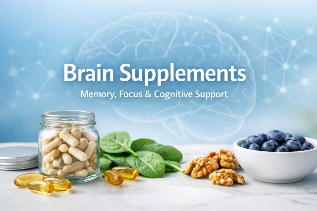 Brain supplements featured image showing capsules, omega-3 softgels, healthy foods, and a brain health themed background