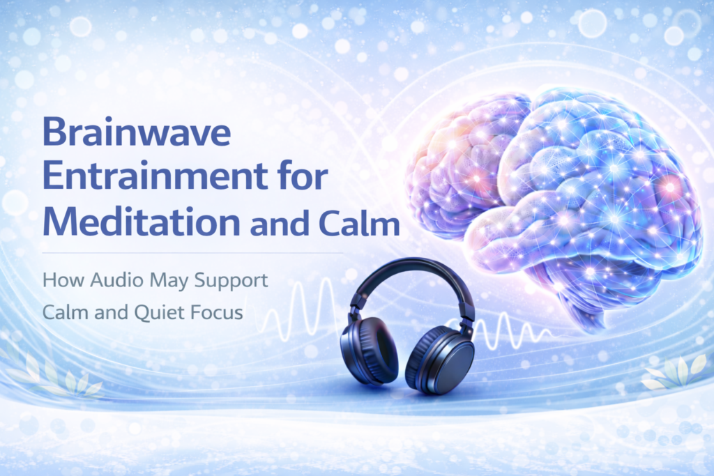 Brainwave entrainment for meditation featured image with glowing brain and calm wave patterns