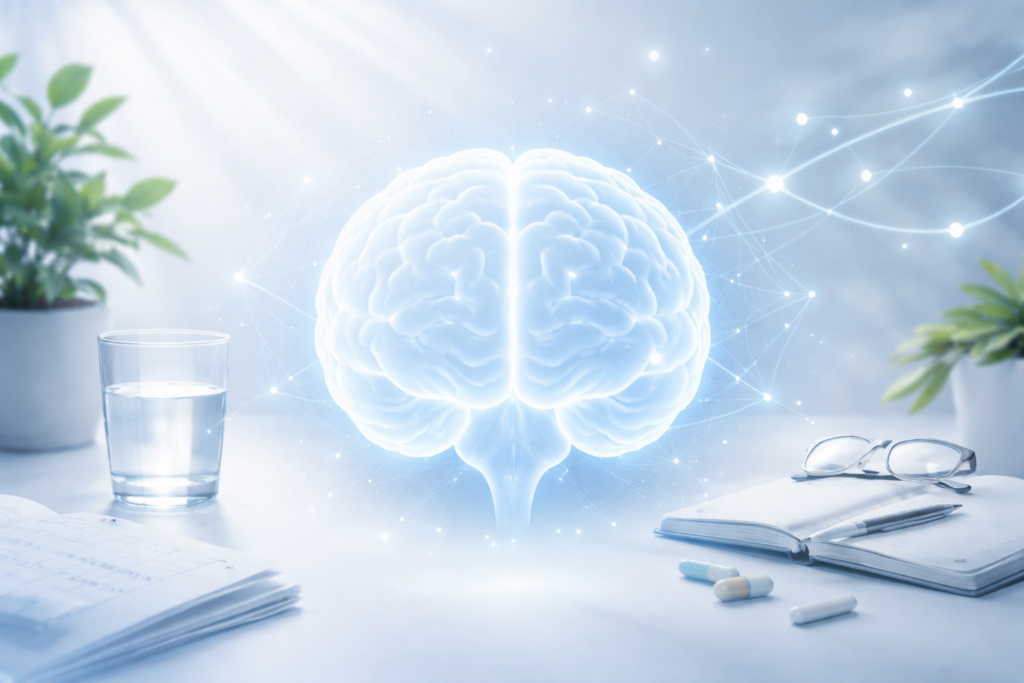 Focus and mental clarity brain health concept with glowing brain and clean wellness design