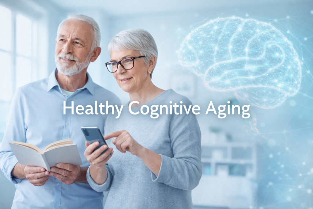 Healthy cognitive aging featured image showing older adults supporting memory, focus, and brain health over time.