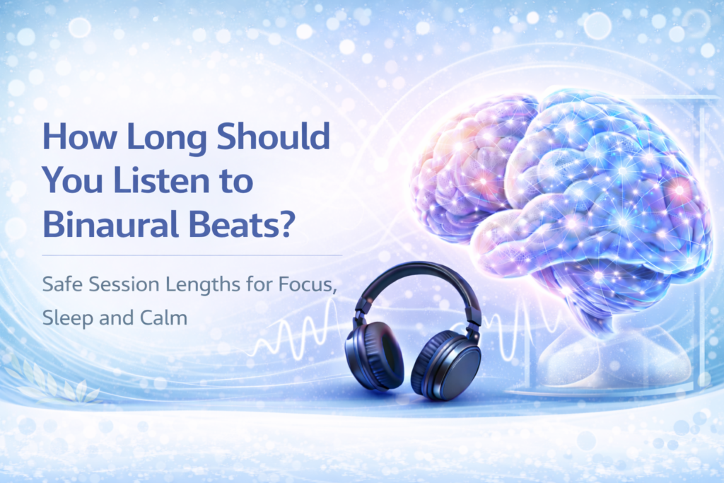 How long should you listen to binaural beats featured image with glowing brain and headphones
