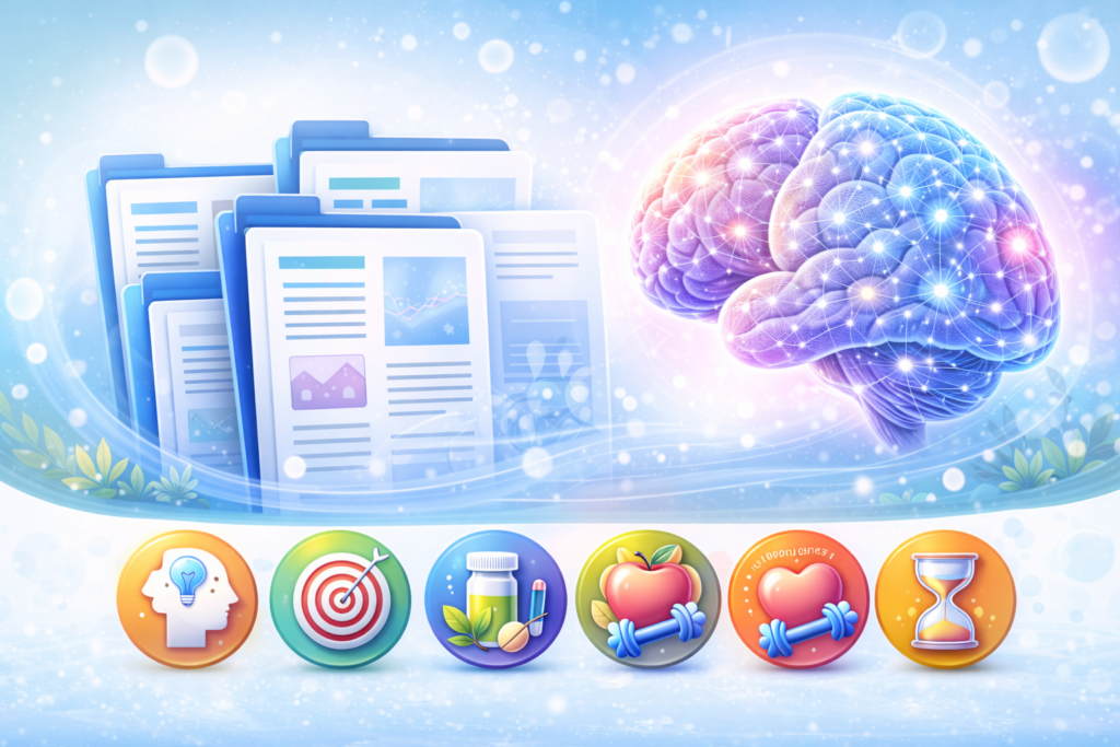 Resource Library featured image showing brain health articles for focus, memory, brain fog, lifestyle, supplements, and cognitive aging