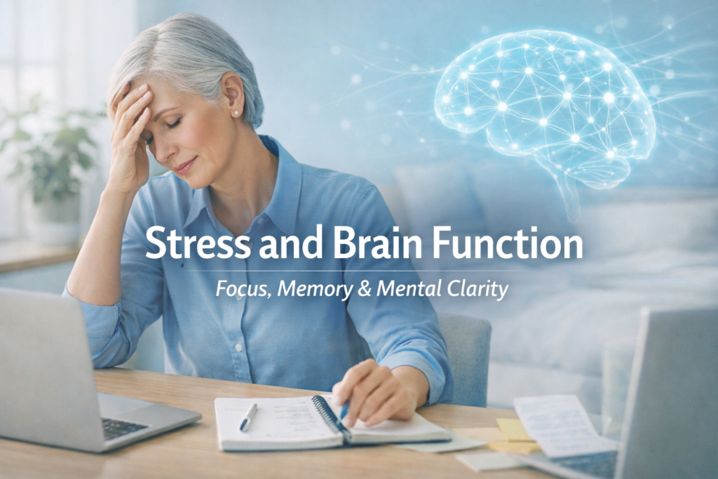 Stress and brain function featured image showing mental strain, focus, memory, and cognitive clarity