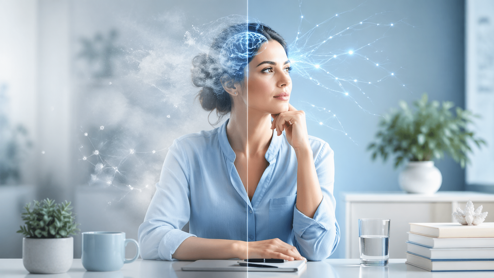 Person experiencing brain fog with a soft visual transition from mental haze to clarity in a modern brain health setting