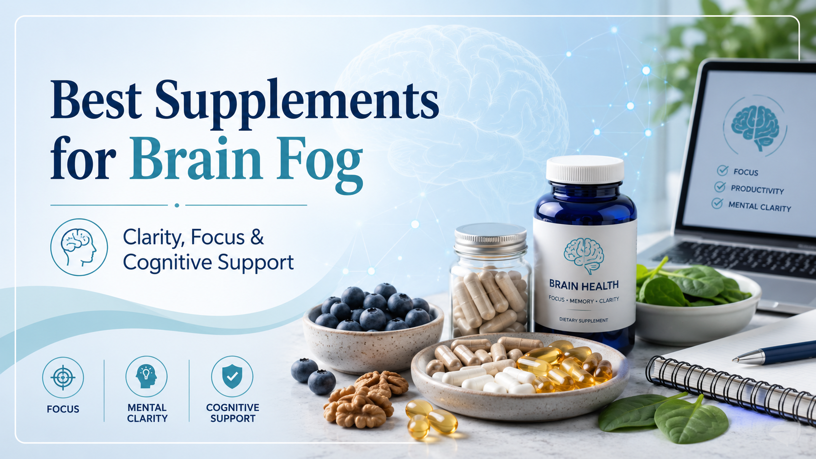 Best supplements for brain fog featured image with capsules, omega-3 softgels, healthy foods, and a clean brain health background