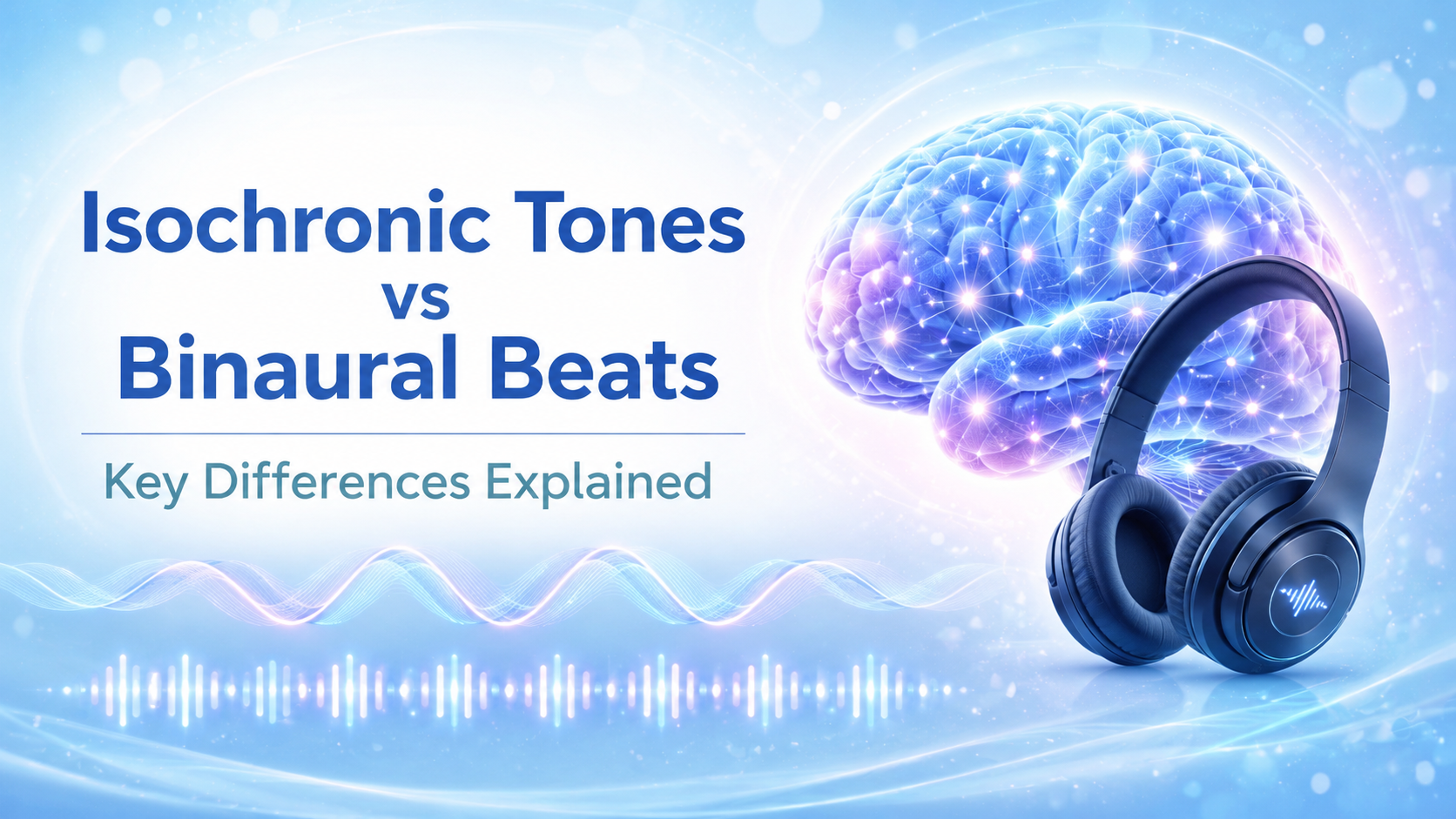Isochronic tones vs binaural beats featured image with glowing brain and headphones
