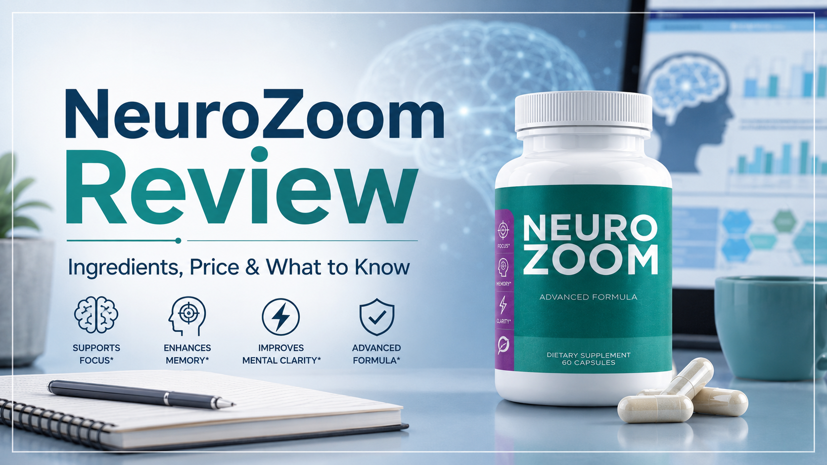 NeuroZoom review featured image showing a brain supplement bottle with a clean cognitive health background