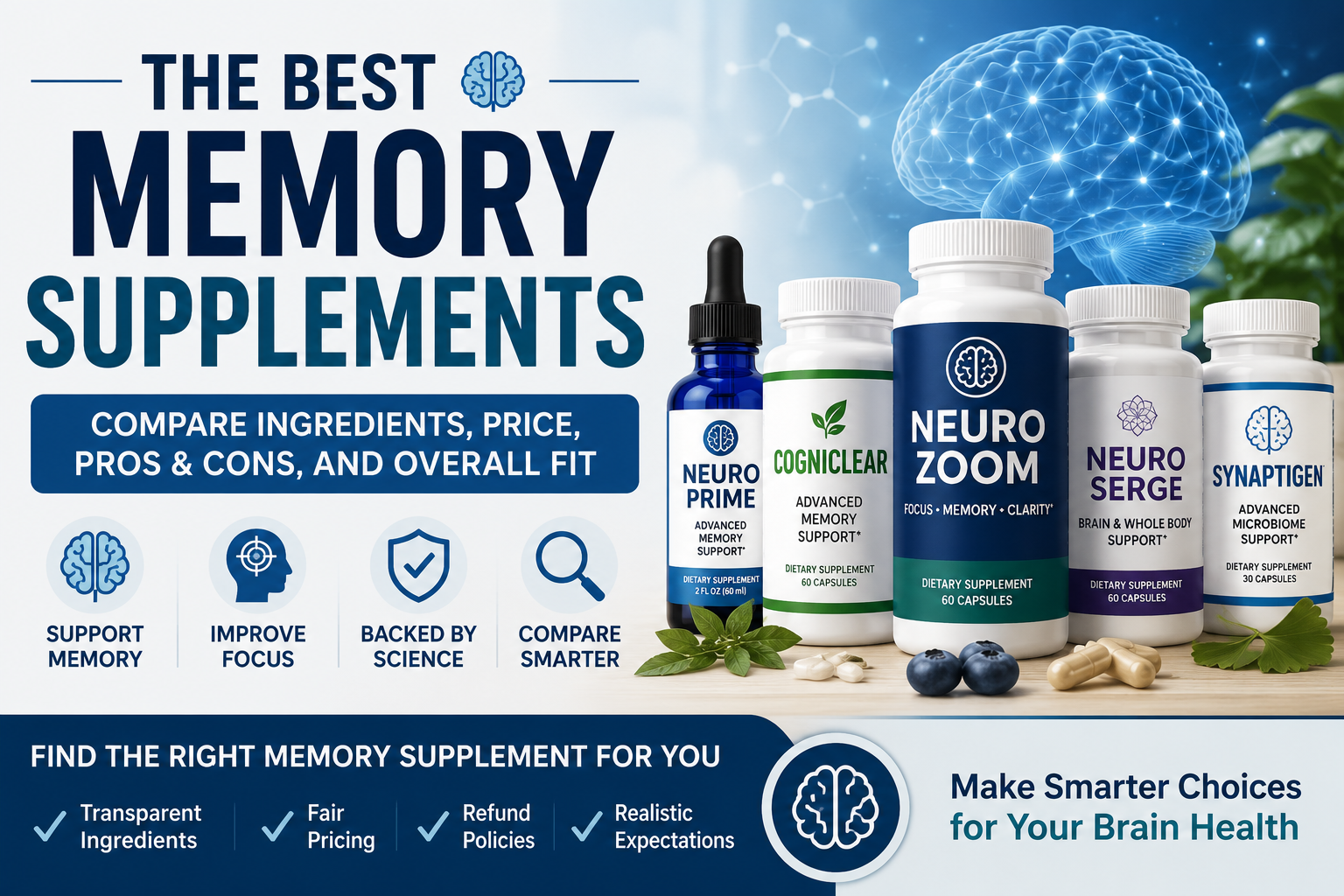 Best memory supplements featured image showing brain-support supplement bottles in a clean comparison layout