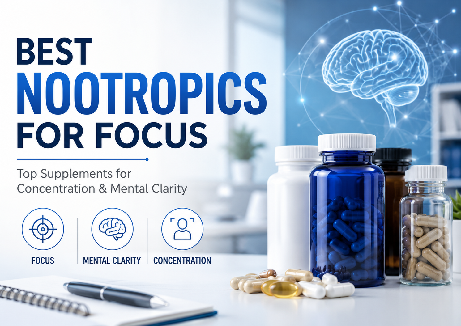 Best nootropics for focus featured image showing brain support supplements for concentration and mental clarity