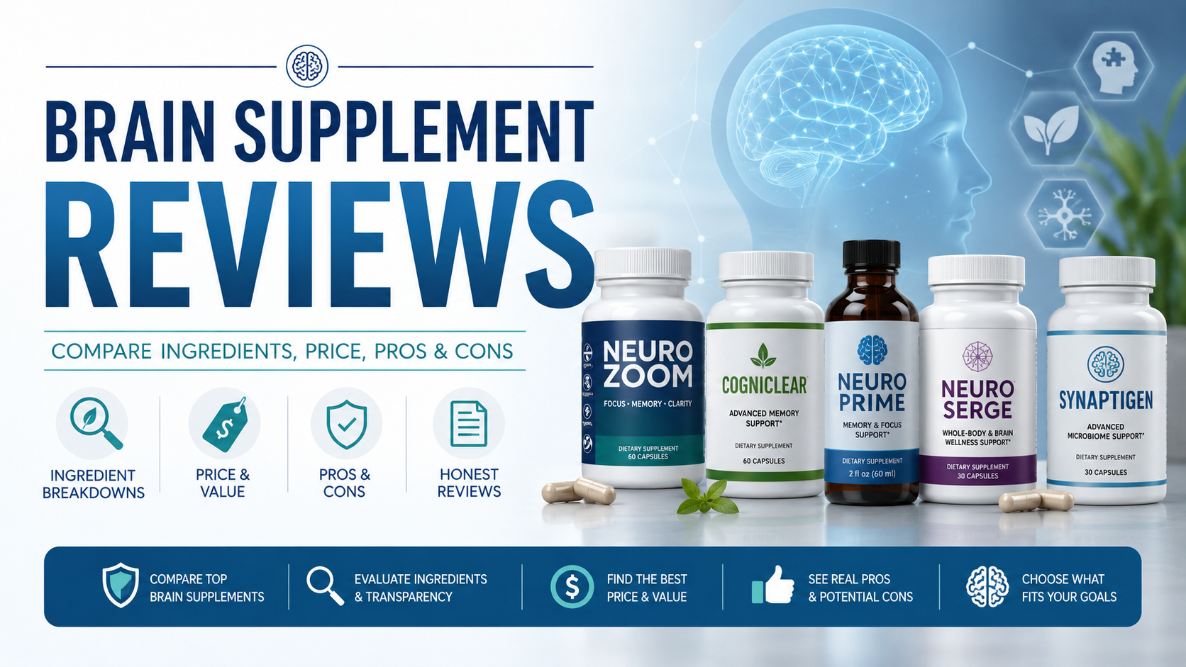 Brain supplement reviews featured image showing multiple supplement bottles in a clean comparison layout