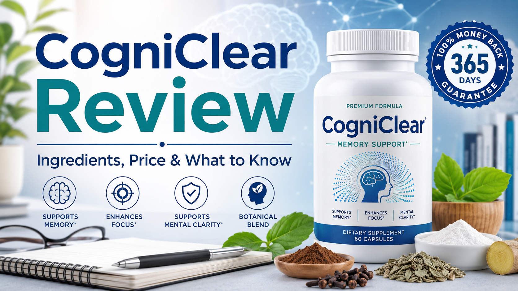 CogniClear review featured image showing a memory supplement bottle in a clean brain health setting