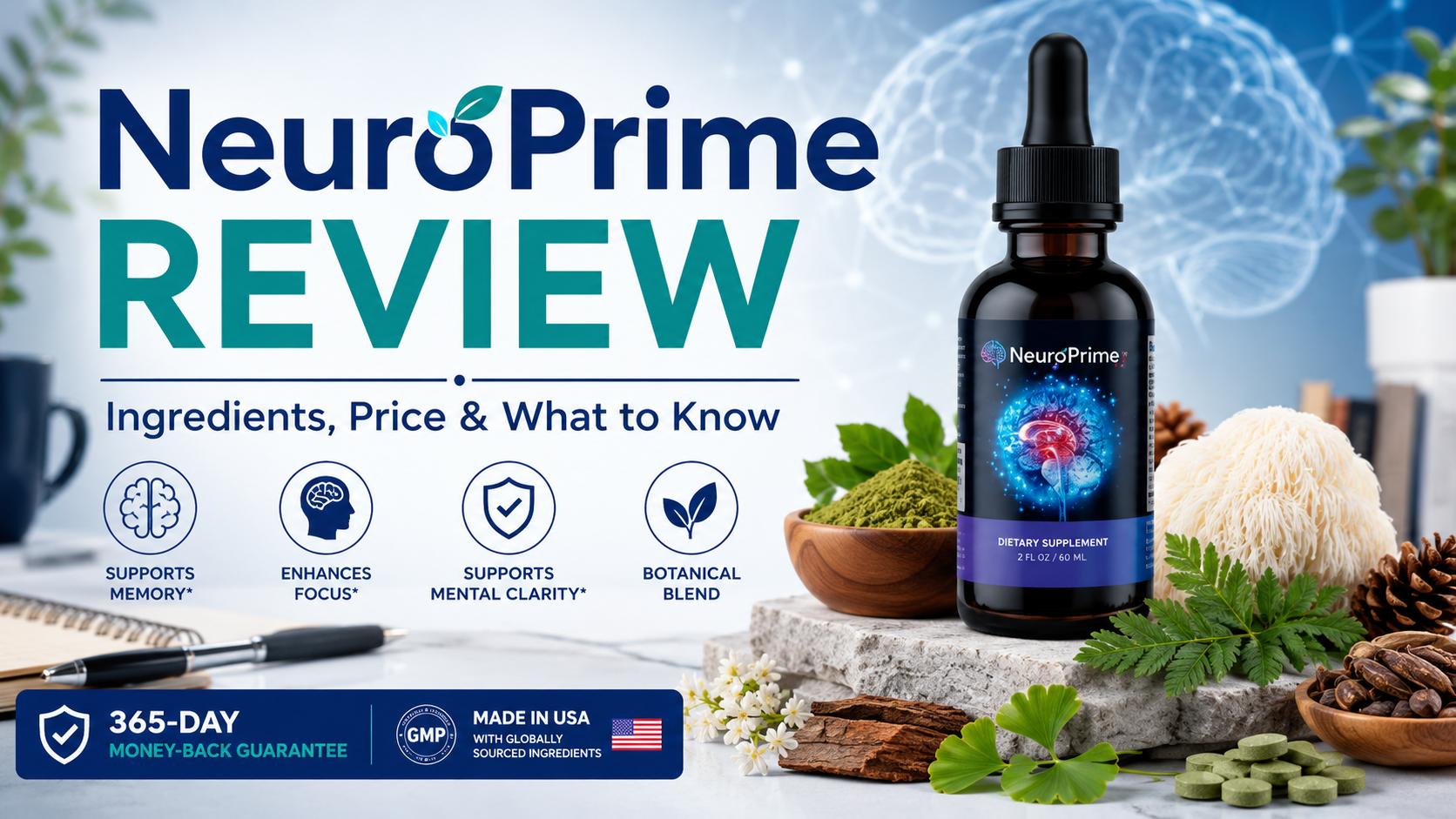 NeuroPrime review featured image showing a liquid memory support supplement in a clean brain health setting