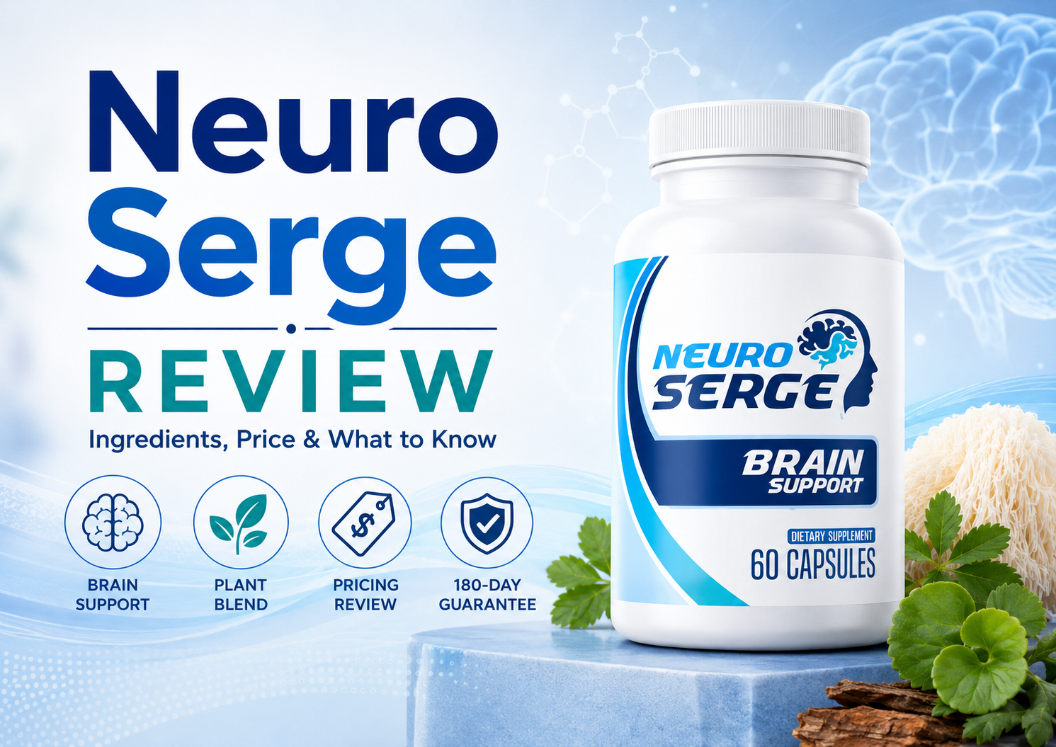 Neuro Serge review featured image showing a brain support supplement bottle in a clean editorial brain health setting