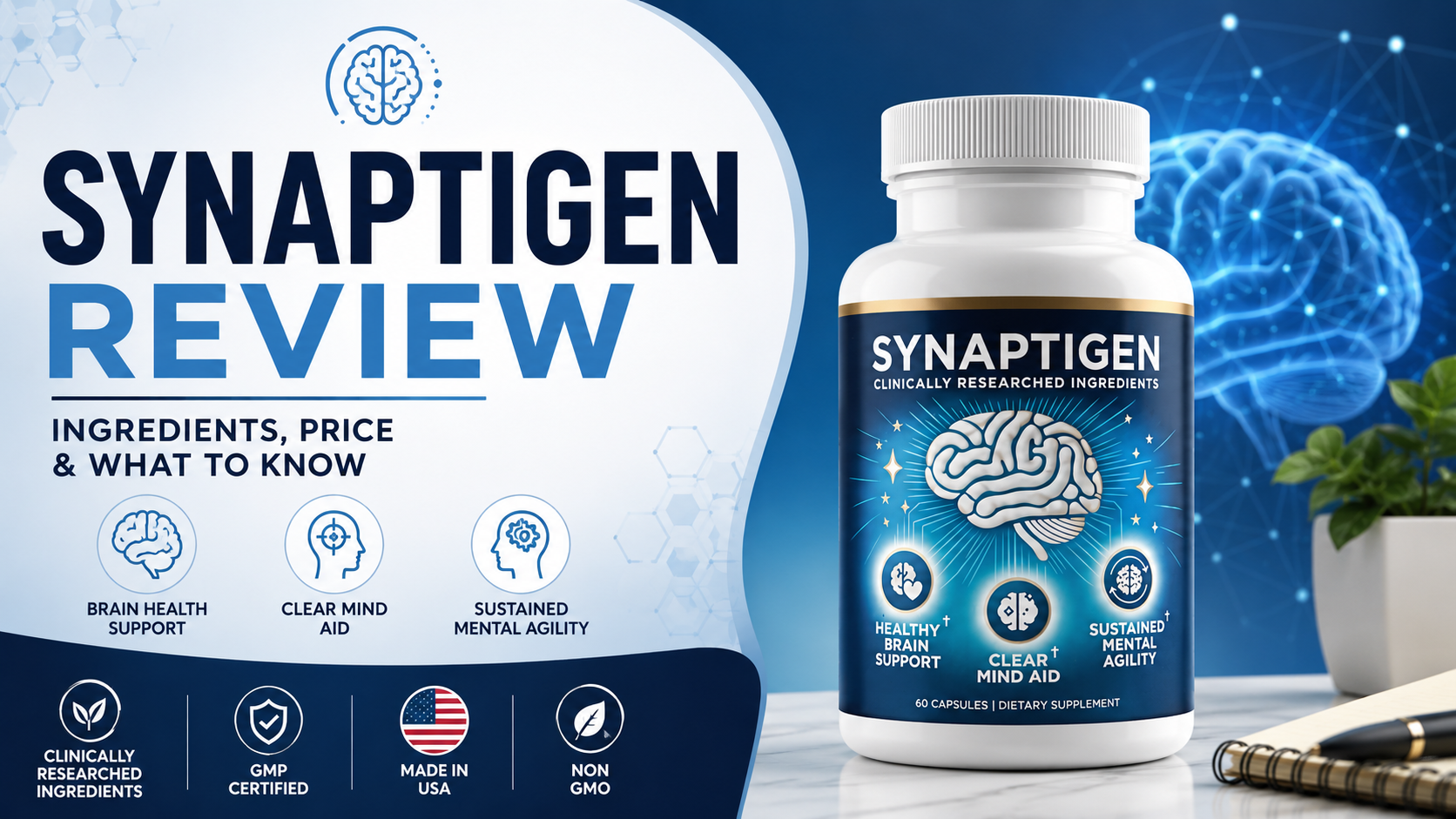 Synaptigen review featured image showing a brain support supplement bottle in a clean editorial brain health setting
