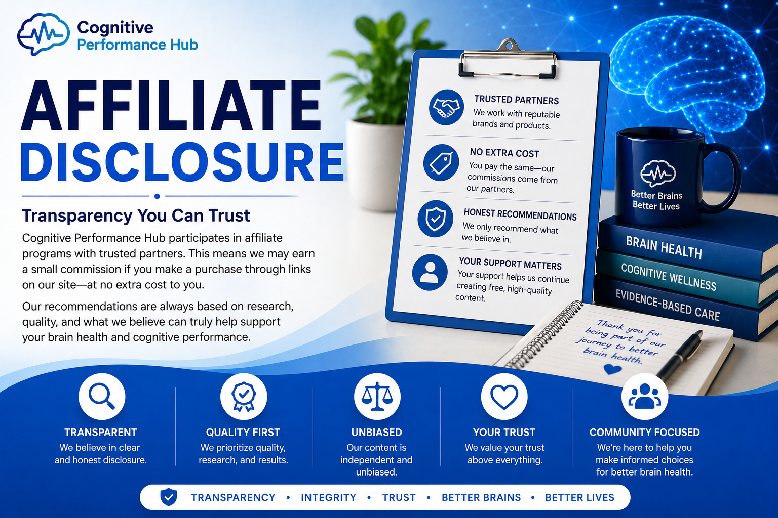 Affiliate Disclosure featured image explaining Cognitive Performance Hub’s transparent affiliate partnerships, honest recommendations, and evidence-informed product reviews.