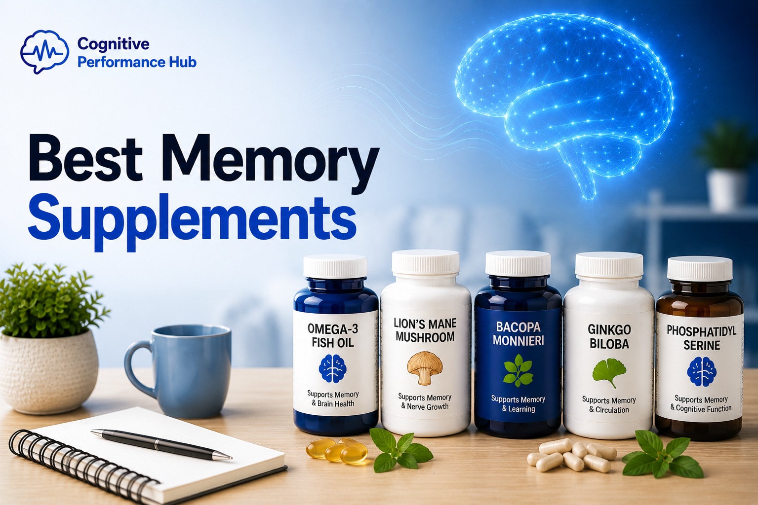 Featured image for Best Memory Supplements showing Omega-3 fish oil, Lion’s Mane mushroom, Bacopa Monnieri, Ginkgo Biloba, and Phosphatidylserine supplements with a glowing digital brain representing memory support and cognitive health.