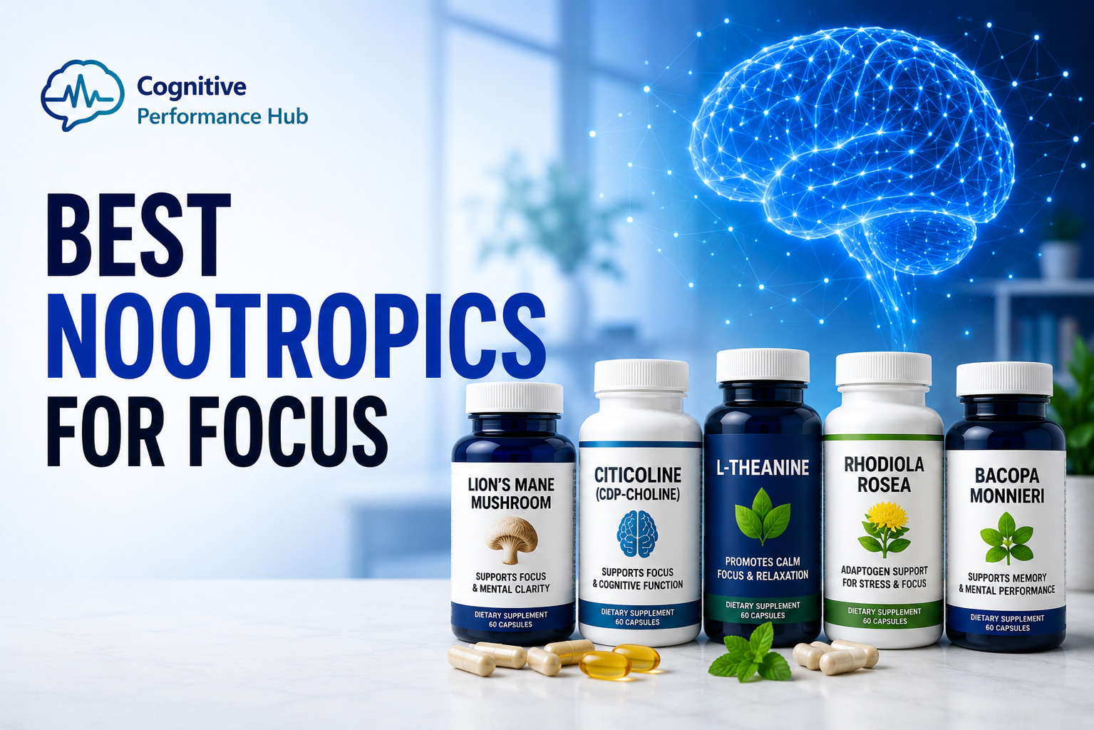 Featured image for Best Nootropics for Focus showing Lion’s Mane mushroom, Citicoline, L-Theanine, Rhodiola Rosea, and Bacopa Monnieri supplements with a glowing digital brain representing focus, concentration, and cognitive performance.