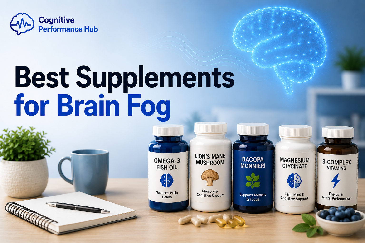 Featured image for Best Supplements for Brain Fog showing evidence-informed brain health supplements including Omega-3, Lion’s Mane, Bacopa, Magnesium, and B-complex vitamins alongside a digital brain graphic representing mental clarity and cognitive support.