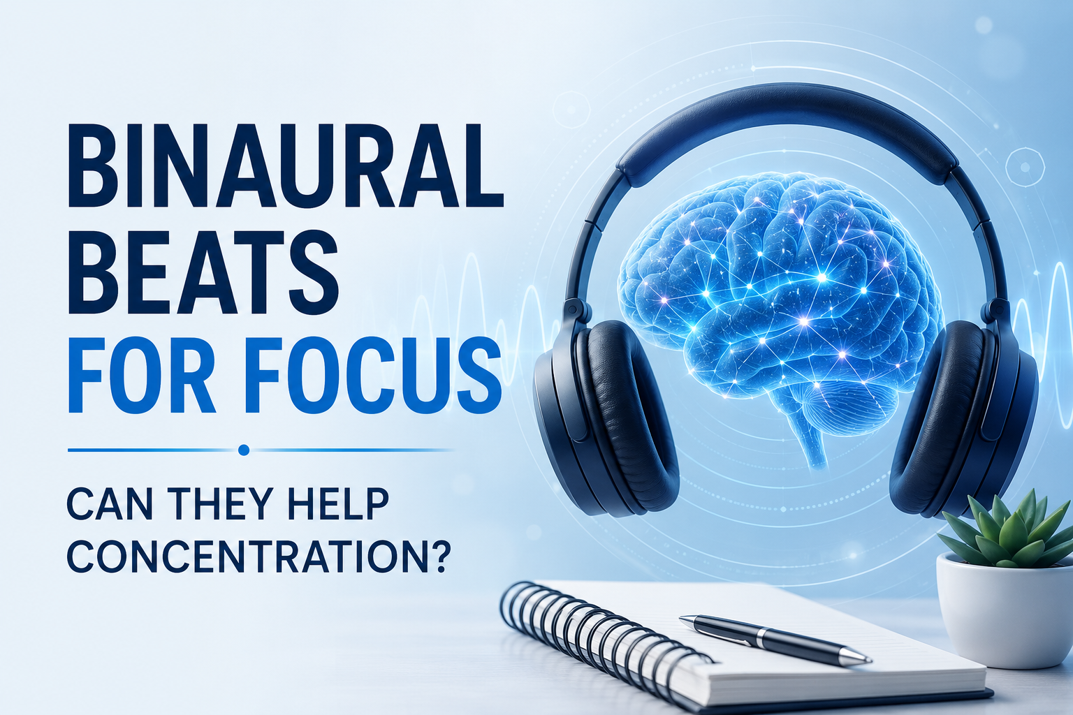 Binaural beats for focus featured image with glowing brain and headphones