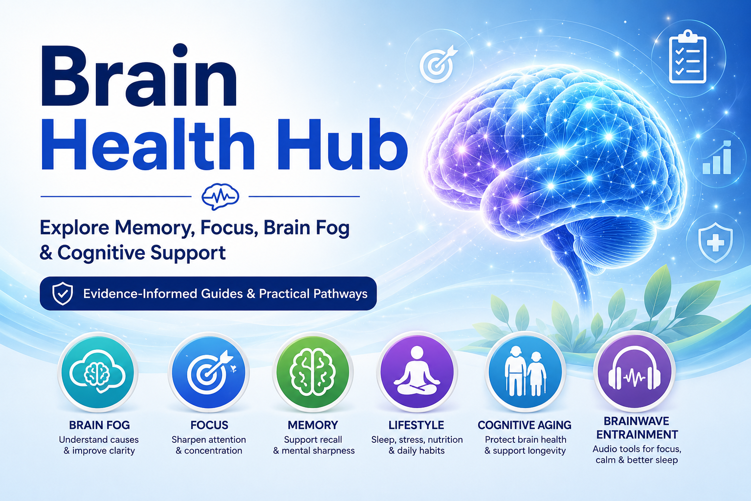 Illustration of the Brain Health Hub showing memory, focus, brain fog, lifestyle, cognitive aging, brainwave entrainment, and cognitive support topics.