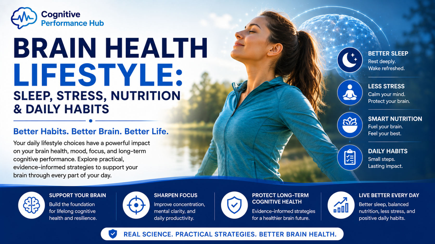 Brain Health Lifestyle pillar page featured image showing healthy daily habits including sleep, stress management, nutrition, and exercise to support memory, focus, and long-term cognitive health.