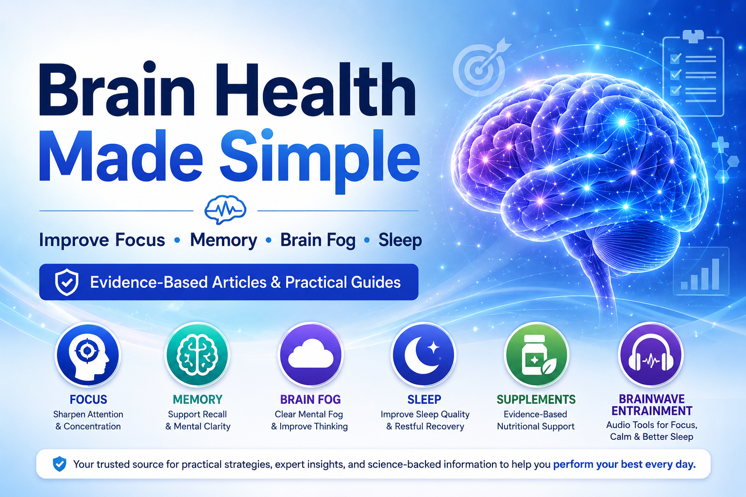 Brain Health Made Simple homepage banner showing a glowing brain illustration with focus, memory, brain fog, sleep, supplements and brainwave entrainment topics.
