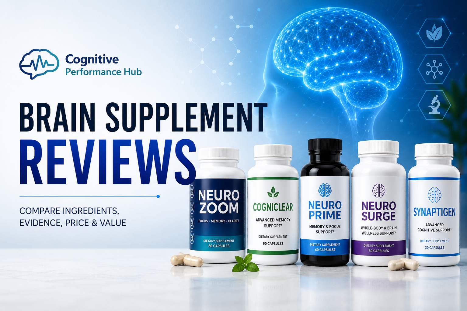 Featured image for Brain Supplement Reviews showing multiple brain supplement products including Neuro Zoom, CogniClear, NeuroPrime, NeuroSurge, and Synaptigen alongside a glowing digital brain representing evidence-based supplement comparisons.