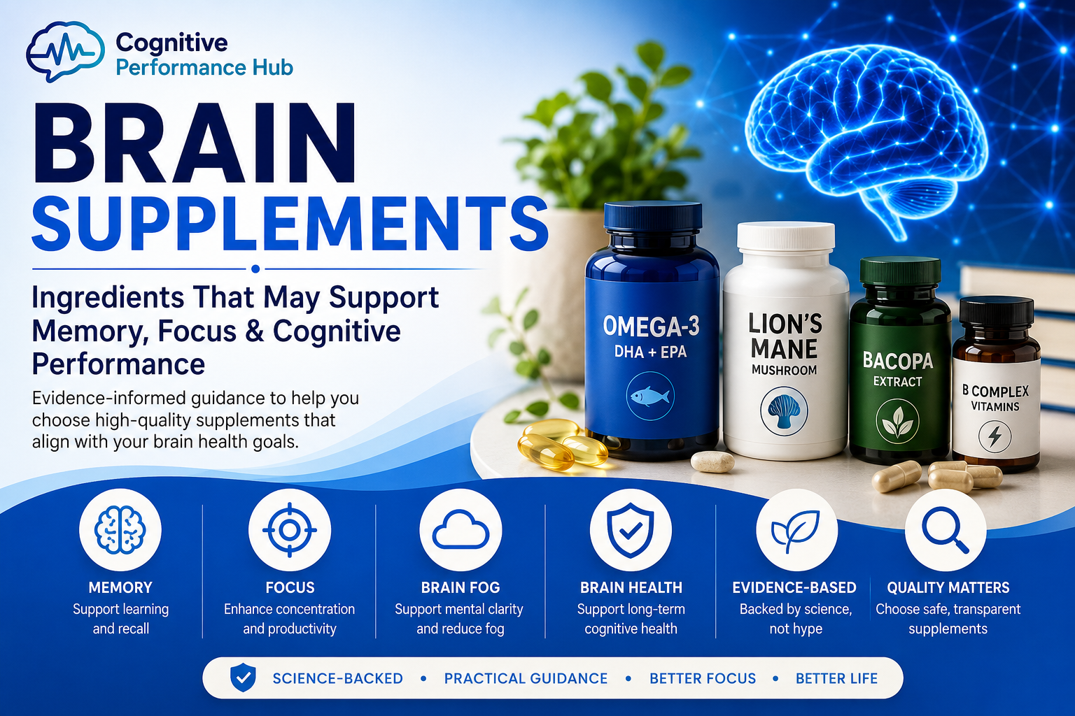 Brain supplements featured image showing evidence-informed ingredients that may support memory, focus, mental clarity and long-term brain health, including omega-3, Lion’s Mane, Bacopa and B-complex vitamins.