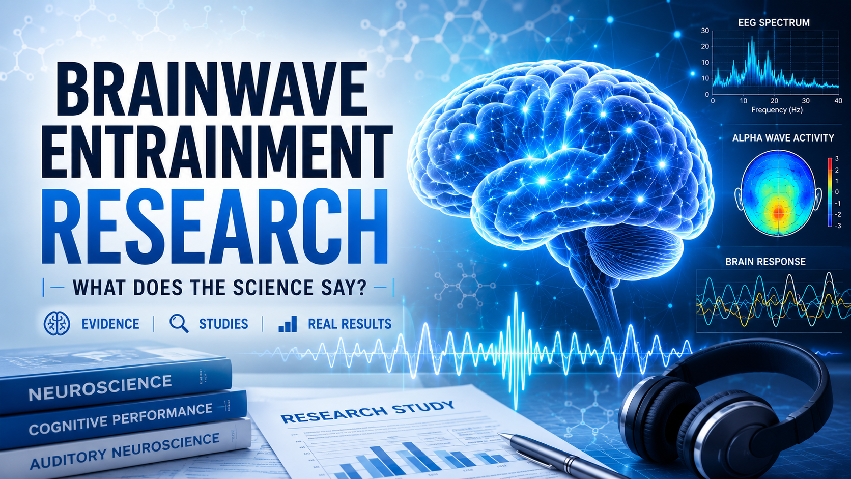 Scientific research into brainwave entrainment showing EEG brain activity and research data.