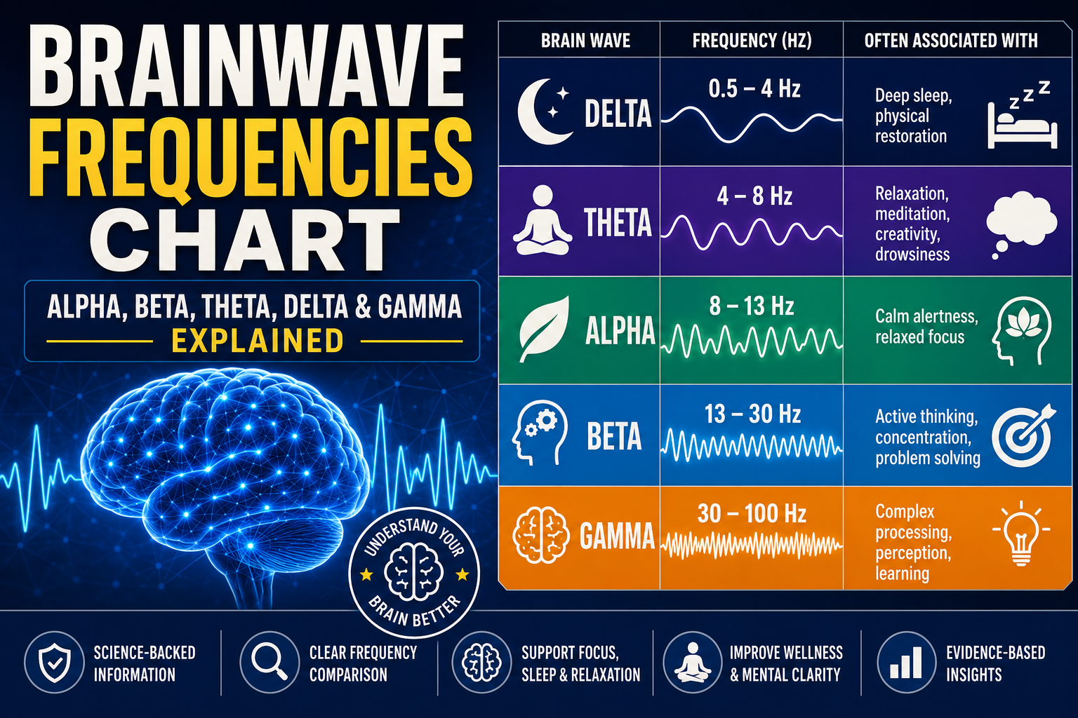 Color-coded brainwave frequencies chart showing Delta, Theta, Alpha, Beta and Gamma brain waves with their frequency ranges and commonly associated mental states.