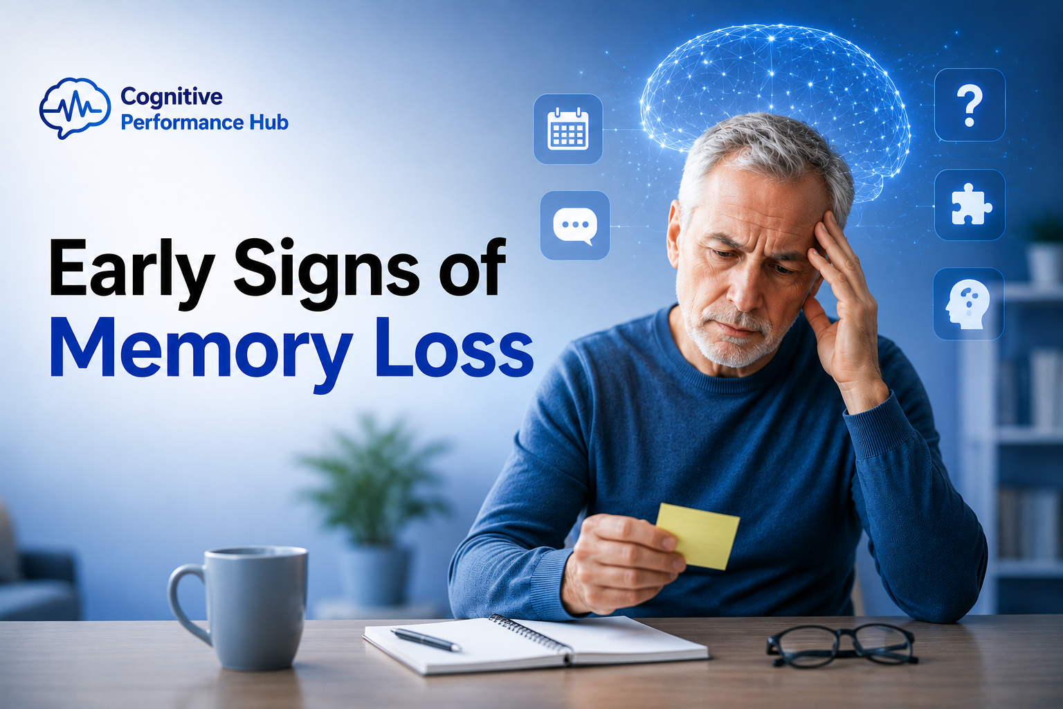 Featured image for Early Signs of Memory Loss showing an older adult looking at a reminder note while appearing concerned, with subtle digital brain graphics representing memory, cognition, and early cognitive changes.