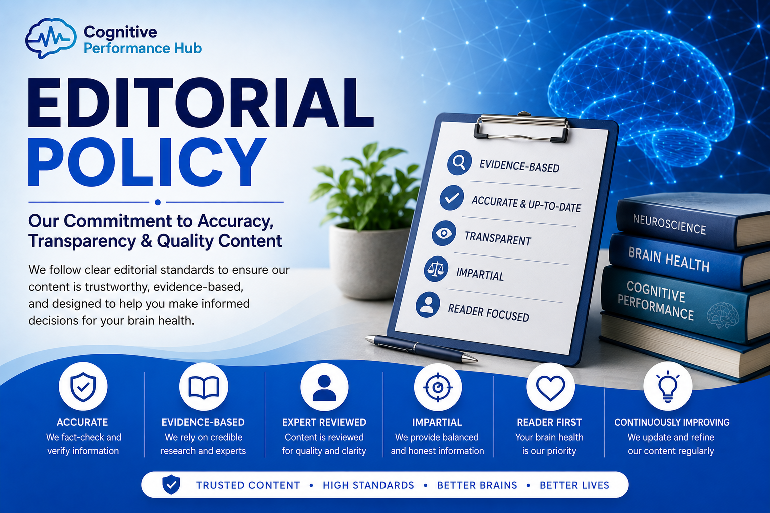 Editorial Policy featured image showing Cognitive Performance Hub’s commitment to evidence-based content, editorial standards, transparency, and trustworthy brain health information.