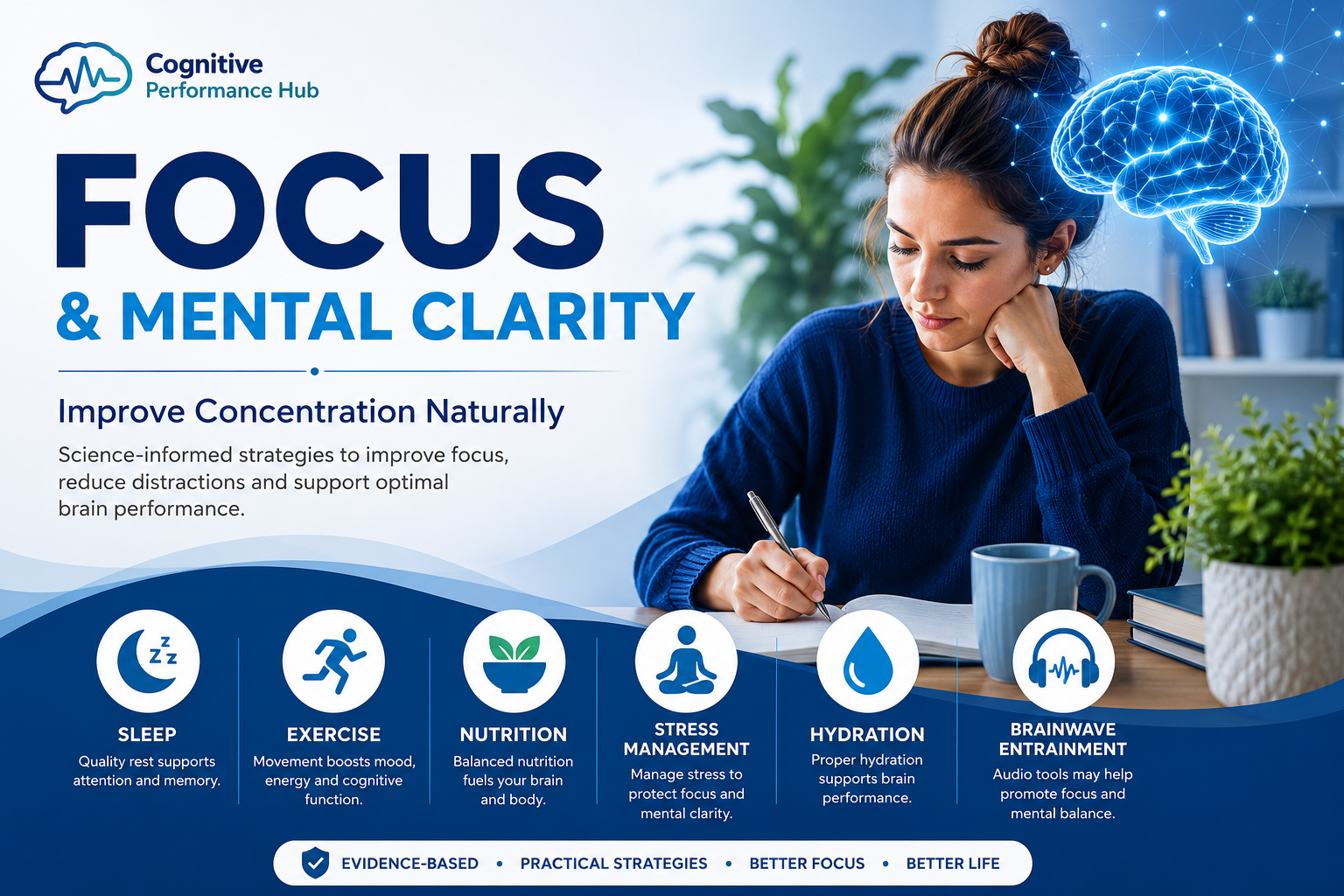 Person improving focus and mental clarity with healthy lifestyle habits including sleep, exercise, nutrition, stress management, hydration and brainwave entrainment.