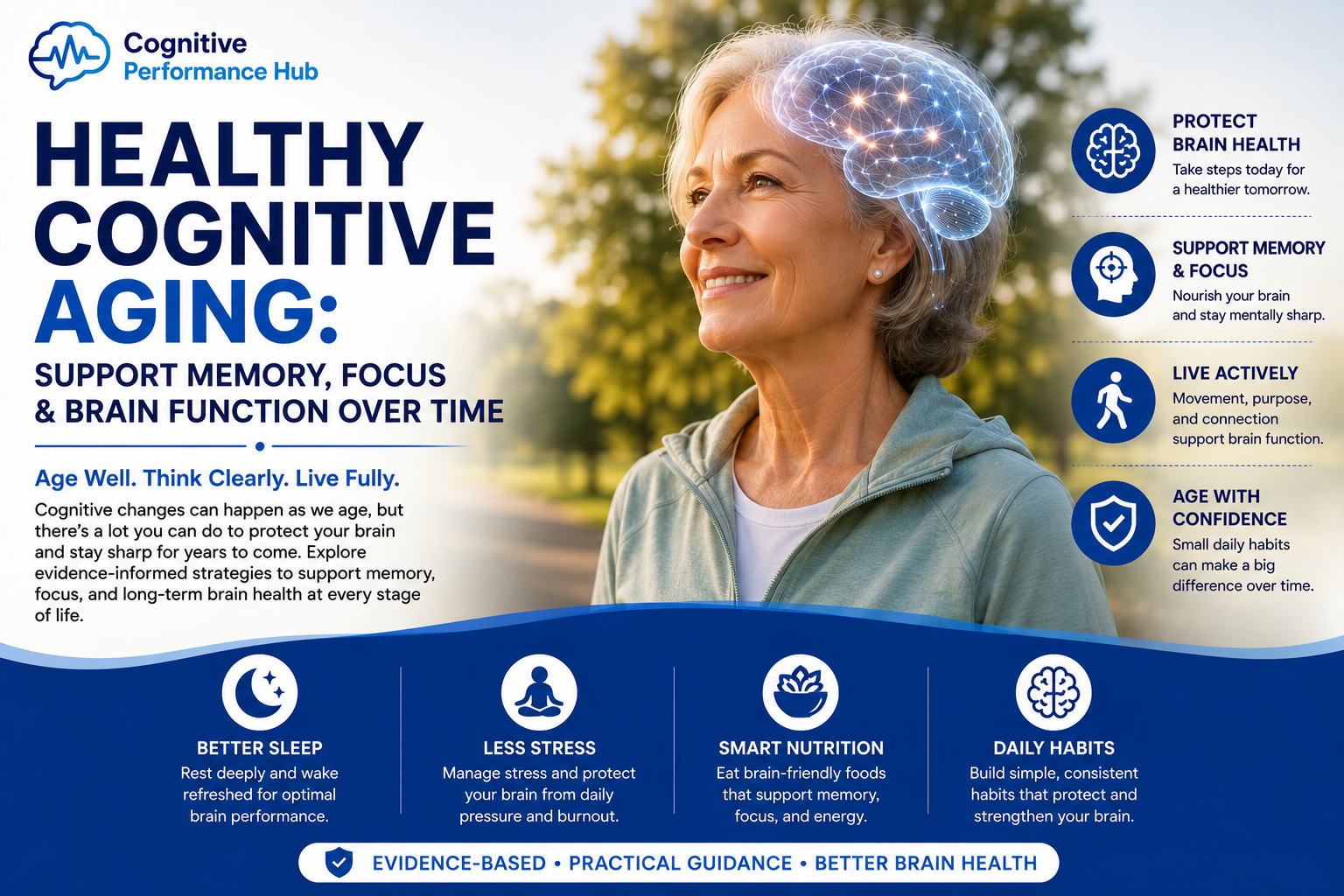 Healthy Cognitive Aging pillar page featured image showing an active older adult alongside a digital brain graphic representing memory, focus, healthy brain aging, and long-term cognitive function.