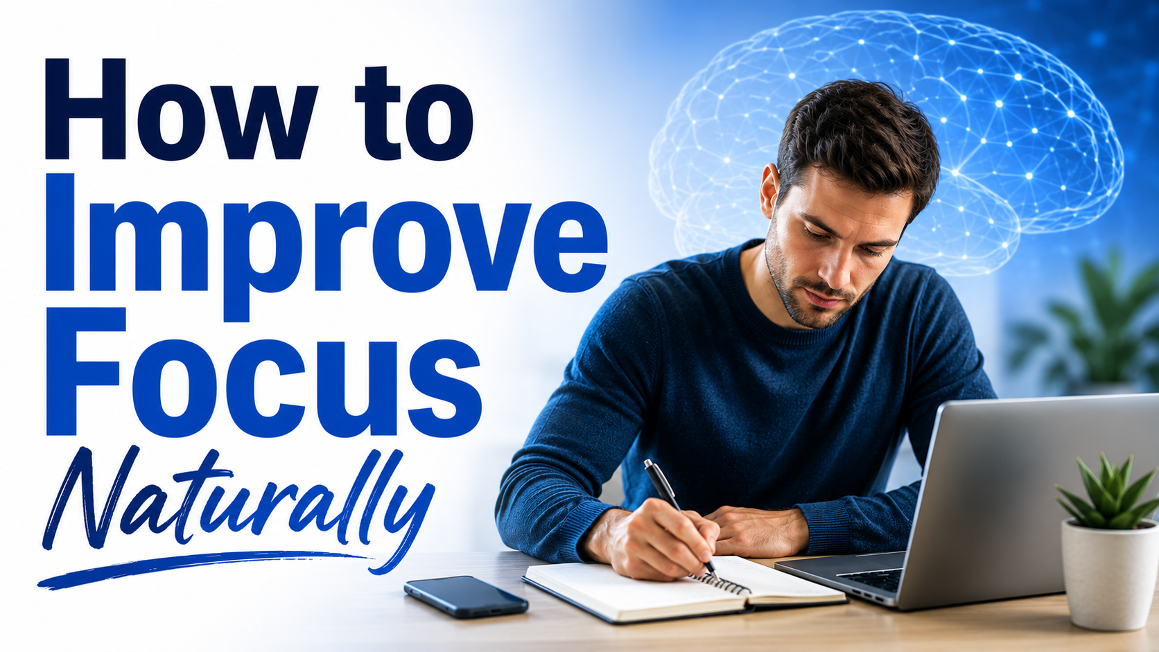 Focused person working at a desk with the title How to Improve Focus Naturally