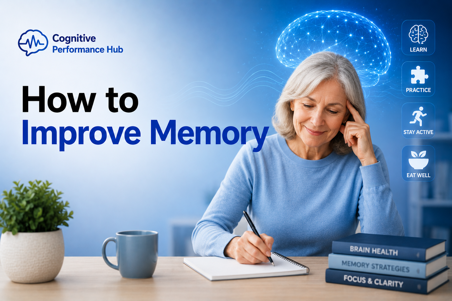 Featured image for How to Improve Memory showing an older adult writing notes with a digital brain graphic representing memory improvement, learning, cognitive function, and healthy brain habits.