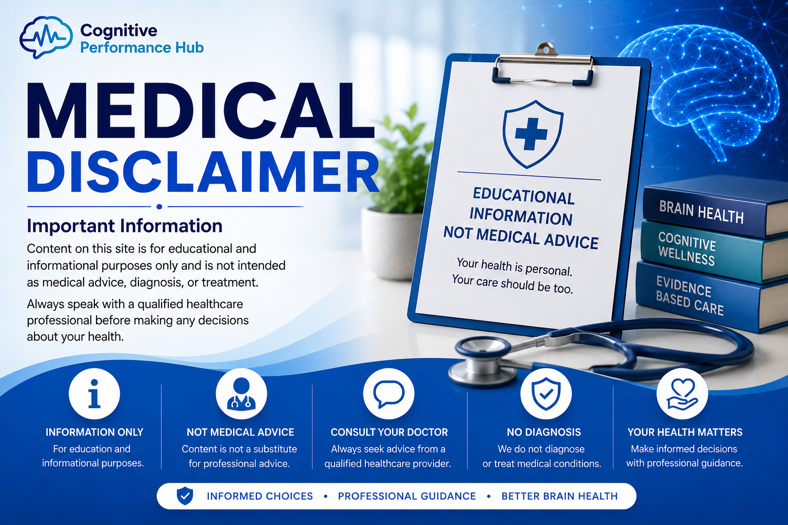 Medical Disclaimer featured image highlighting that Cognitive Performance Hub provides educational brain health information only and does not offer medical advice, diagnosis, or treatment.