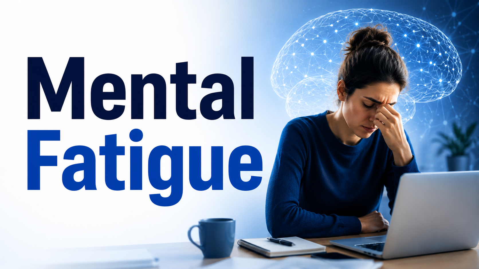 Mentally fatigued person sitting at a desk with the title Mental Fatigue