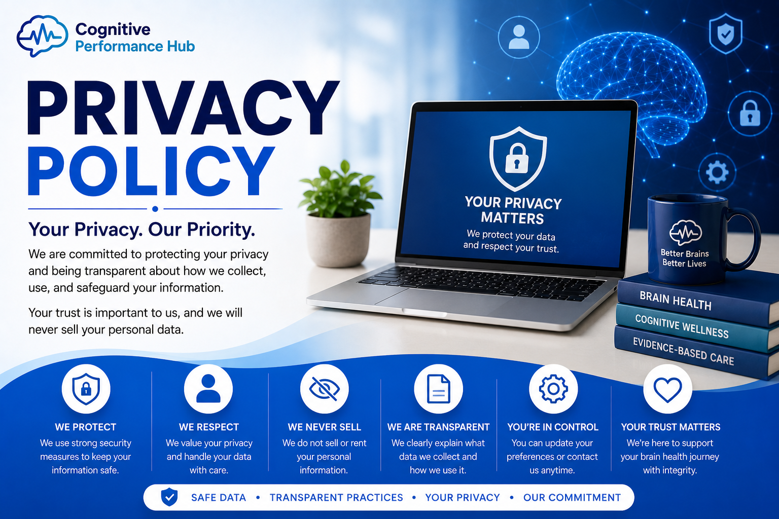 Privacy Policy featured image highlighting secure data protection, user privacy, transparent data practices, and information security at Cognitive Performance Hub.