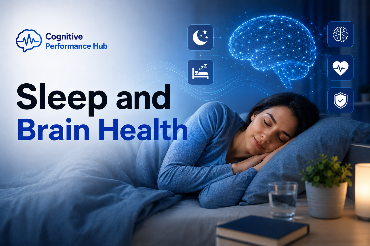Featured image for Sleep and Brain Health showing a person sleeping peacefully beneath a digital brain graphic representing healthy sleep, memory consolidation, cognitive recovery, and brain function.