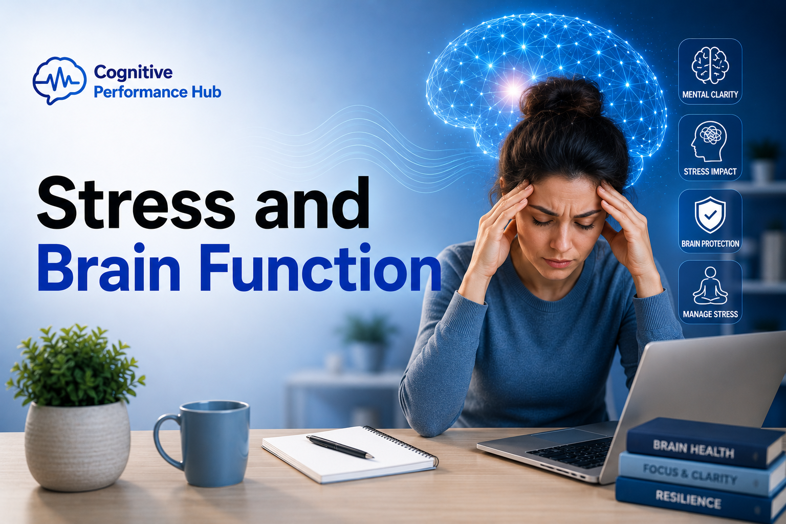 Featured image for Stress and Brain Function showing a stressed person working at a laptop with glowing brain graphics representing the effects of stress on memory, focus, and cognitive performance.
