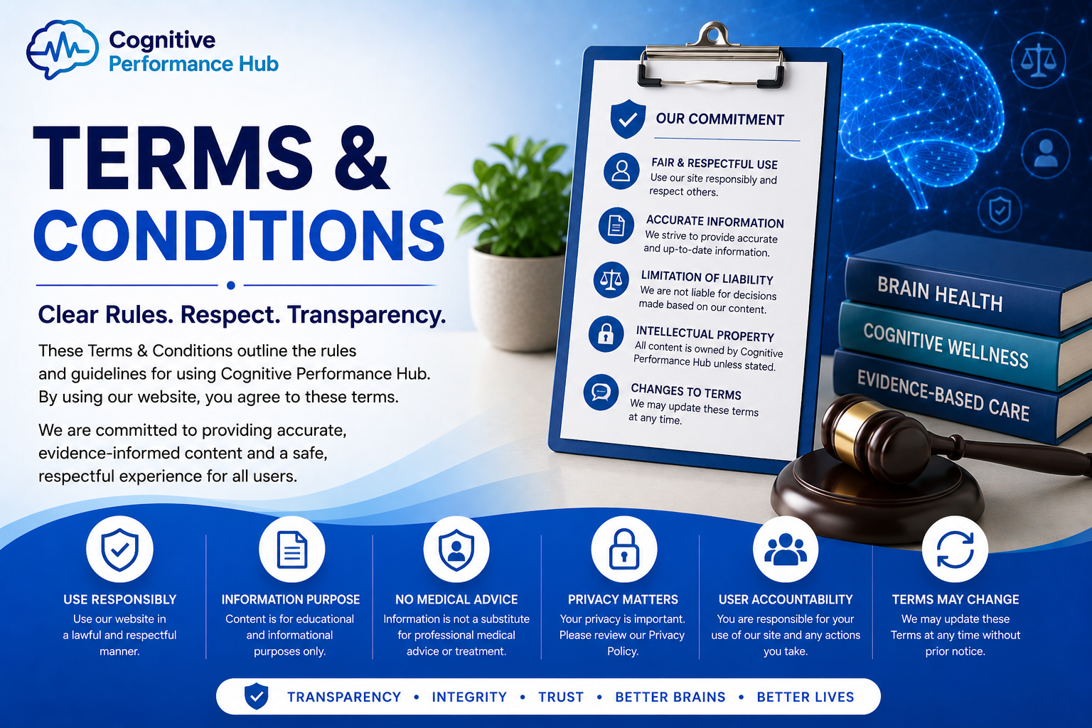 Terms & Conditions featured image explaining the rules, user responsibilities, intellectual property, and website policies of Cognitive Performance Hub.