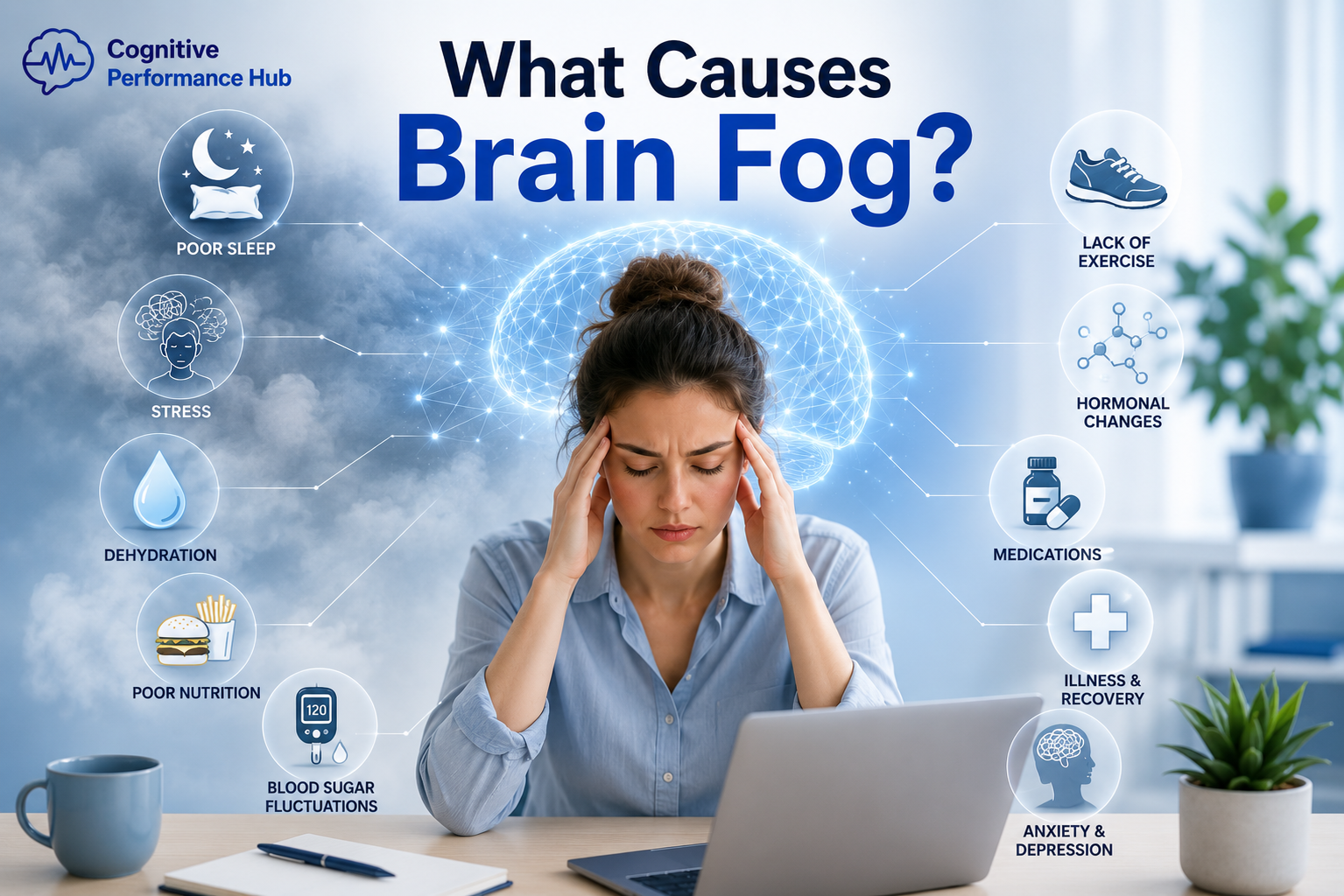 Illustration showing common causes of brain fog including poor sleep, stress, dehydration, nutrition, illness, and lifestyle factors.