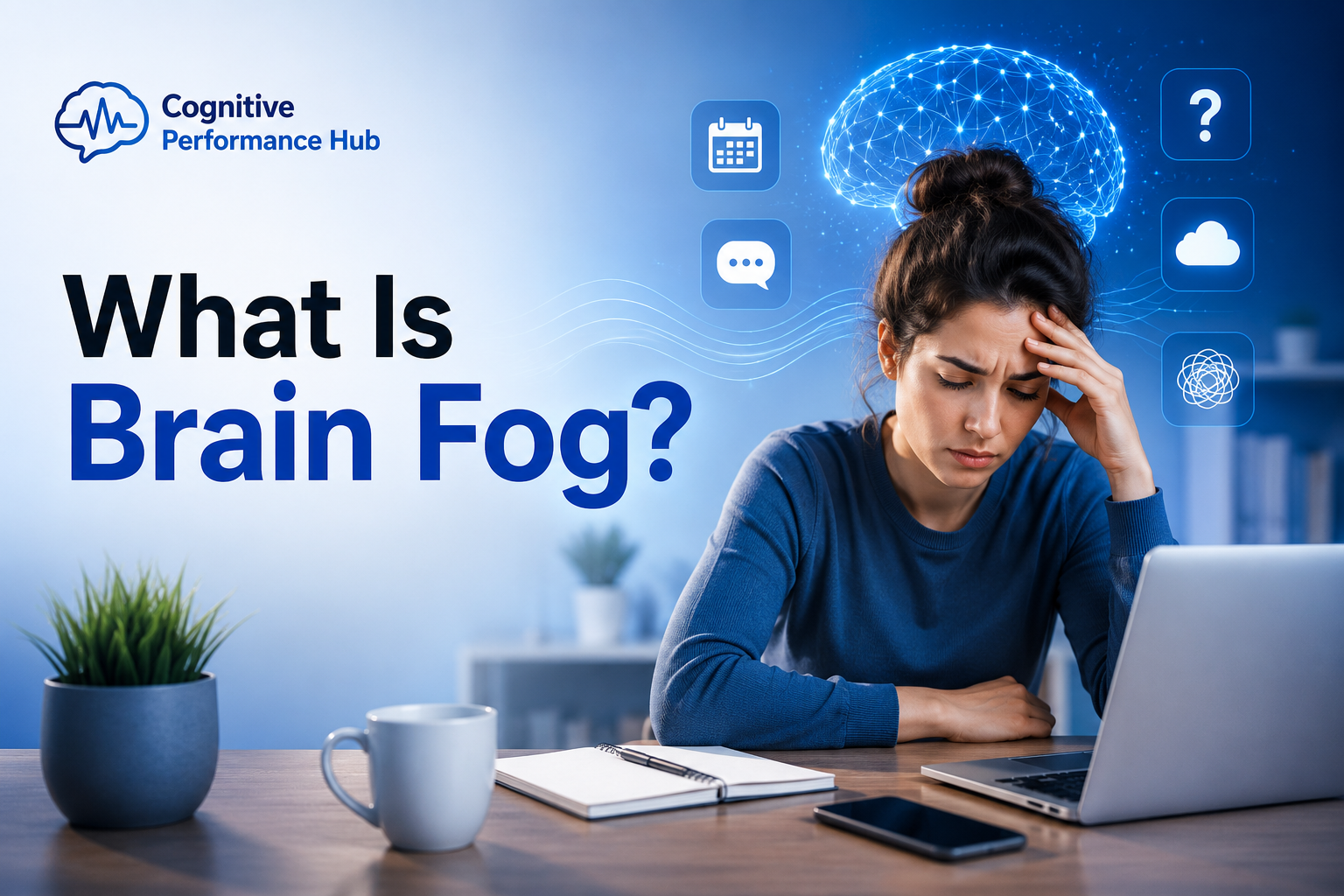 Featured image for What Is Brain Fog showing a person experiencing mental fog while working at a laptop with a digital brain graphic representing reduced mental clarity, concentration, and cognitive function.