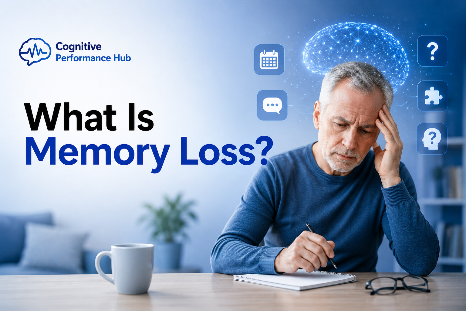 Featured image for What Is Memory Loss showing an older adult experiencing forgetfulness while writing in a notebook with a digital brain graphic representing memory, cognition, and brain health.
