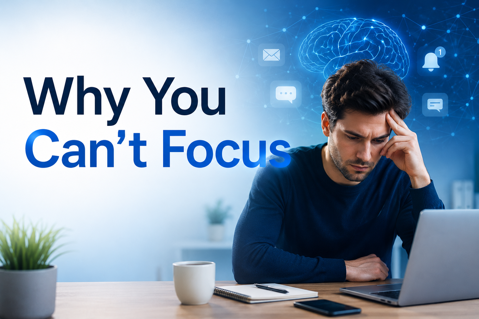 Person struggling to focus at a desk while distractions and mental overload compete for attention